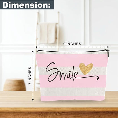 Stripes Makeup Bag - Smile - Heart Print Cosmetic Bag, Pink & White Toiletry Bag, Gift For Girls, Besties, Personal Care & Accessories - A29