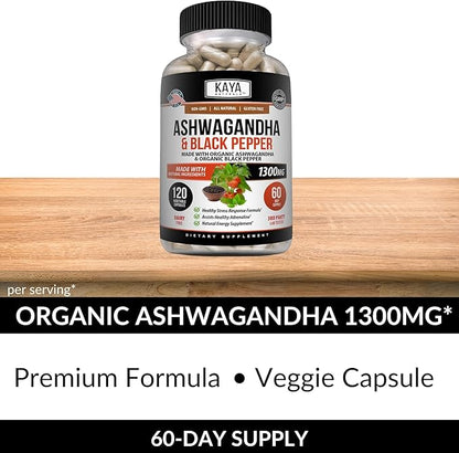 Kaya Naturals Organic Ashwagandha 1300mg, 120 Count Capsules for Stress Relief, Adrenal, Mood & Thyroid Support, Black Pepper and 100% Pure Ashwagandha -120 Capsules