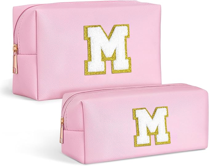 TOPEAST Personalized Initial Makeup Bag 2 Pack - PU Leather Waterproof Toiletry Organizer, Cute Travel Essentials Gift for Women, Pink M