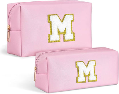 TOPEAST Personalized Initial Makeup Bag 2 Pack - PU Leather Waterproof Toiletry Organizer, Cute Travel Essentials Gift for Women, Pink M
