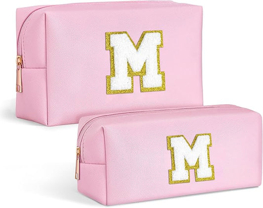 TOPEAST Personalized Initial Makeup Bag 2 Pack - PU Leather Waterproof Toiletry Organizer, Cute Travel Essentials Gift for Women, Pink M