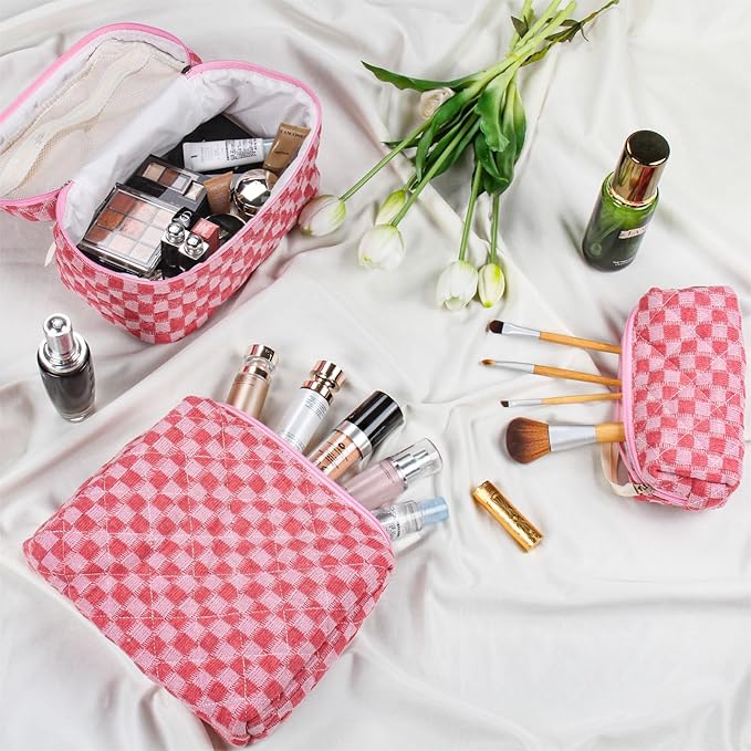 Quilted Makeup Bag Set, 3Pcs Large Checkered Corduroy Cosmetic Bags, Cute Coquette Makeup Bag Toiletry Zipper Pouch Bag for Women and Girls Checkered