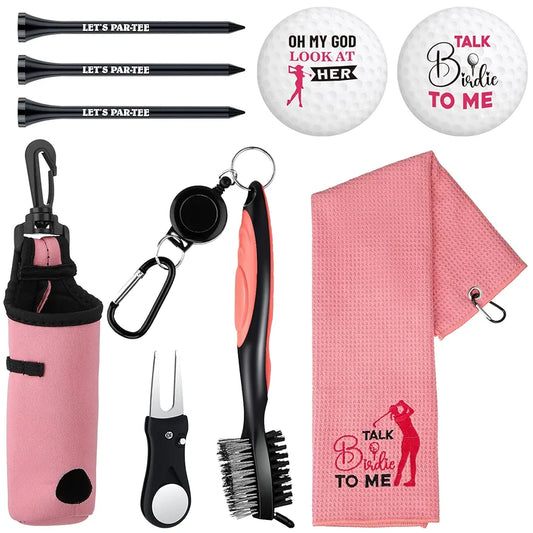 9 Pcs Golf Accessories Kit Golf Club Cleaning Kit Include Microfiber Towel, Cleaner Brush, Ball and Tee Holder, Divot Repair Tool, Ball Bag with Hook for Men Women Gifts