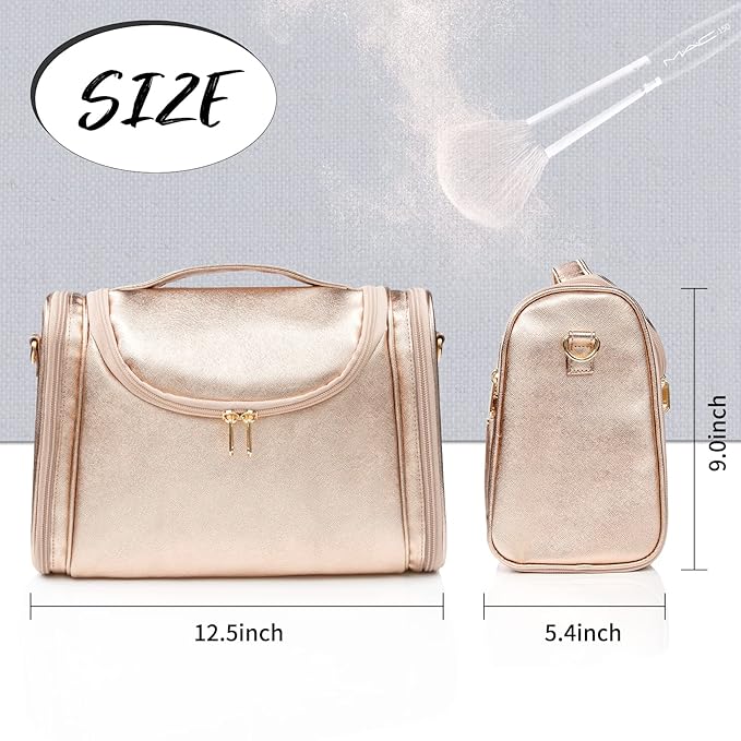 Ethereal Large Makeup Bag, Rose Gold Travel Makeup Bag with Shoulder Strap Toiletry Bag for Women Waterproof Cosmetic Travel Bag