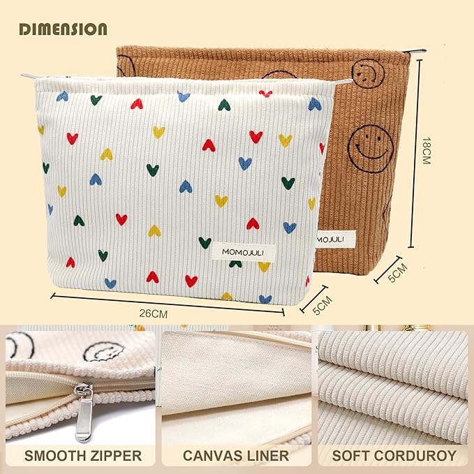 Corduroy Makeup Bag Cosmestic Bag Large Capacity Ladies Women Aesthetic Make Up Organizer Accessories Zipper Pouch Purse Beige Heart+Brown