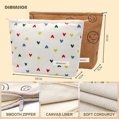 Corduroy Makeup Bag Cosmestic Bag Large Capacity Ladies Women Aesthetic Make Up Organizer Accessories Zipper Pouch Purse Beige Heart+Brown