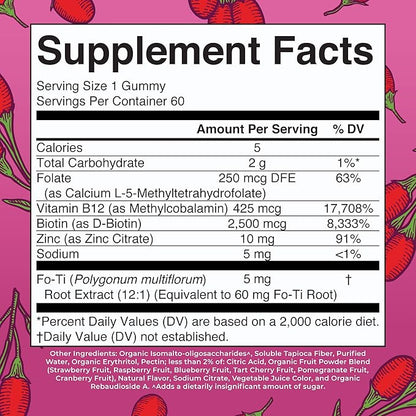 MaryRuth Organics Biotin Gummies | Sugar Free | Vegan | Non-GMO | 2,500 mcg Biotin Supplement | Hair Skin and Nails Vitamins | Hair Growth Vitamins | Hair Growth Supplement | 60 Count