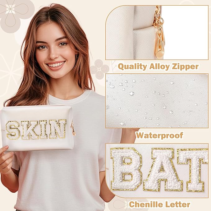 CY2SIDE SKIN Letter Makeup Bag - 2PCS SKIN and BATH Chenille Letter Patch Cosmetic Bag Preppy PU Leather Patch Pouch Waterproof Portable Zipper Travel Organizer Case Christmas Gifts for Women Girls