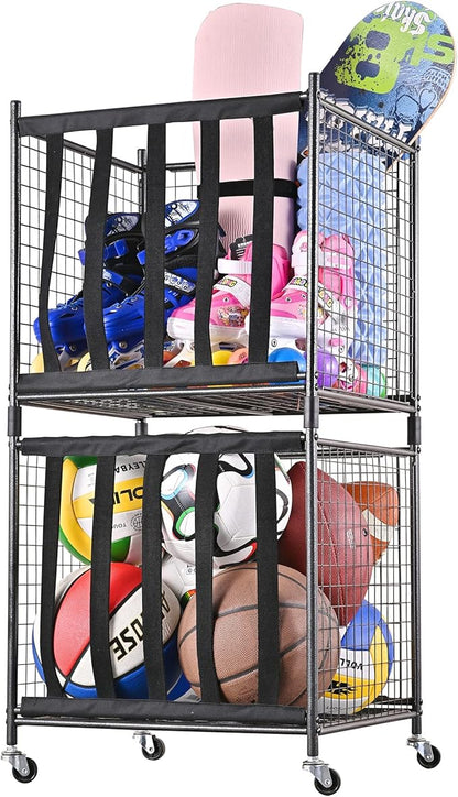 Mythinglogic Rolling Sports Ball Storage Cart, Sports Lockable Ball Storage Locker with Elastic Straps, Stackable Ball Cage for Garage Storage Garage Organizer