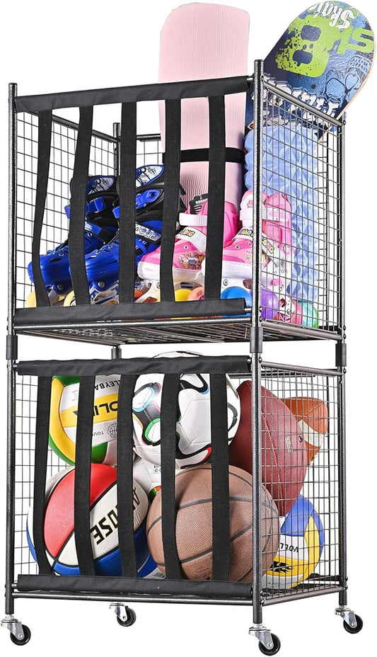 Mythinglogic Rolling Sports Ball Storage Cart, Sports Lockable Ball Storage Locker with Elastic Straps, Stackable Ball Cage for Garage Storage Garage Organizer
