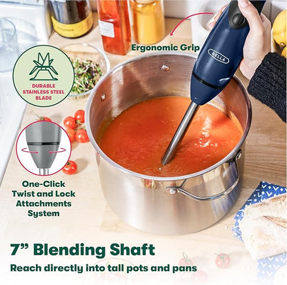BELLA Immersion Blender, Portable Mixer and Emulsifier with Whisk Attachment, 2 Speed, Electric Handheld Juicer, Shakes, Baby Food and Smoothie Maker, Stainless Steel, BPA Free, 250 Watt, Blue