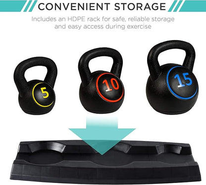 Best Choice Products 3-Piece Kettlebell Set with Storage Rack, HDPE Coated Exercise Fitness Concrete Weights for Home Gym, Strength Training, HIIT Workout 5lb, 10lb, 15lb