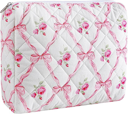 Quilted Cotton Makeup Bag Travel Cosmetic Bag for Women Girls, Zipper Make Up Pouch, Bow Pattern Toiletry Organizer Makeup, Portable Storage Bag (Large/Pink Bowknot)