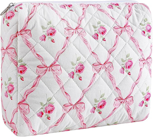 Quilted Cotton Makeup Bag Travel Cosmetic Bag for Women Girls, Zipper Make Up Pouch, Bow Pattern Toiletry Organizer Makeup, Portable Storage Bag (Large/Pink Bowknot)