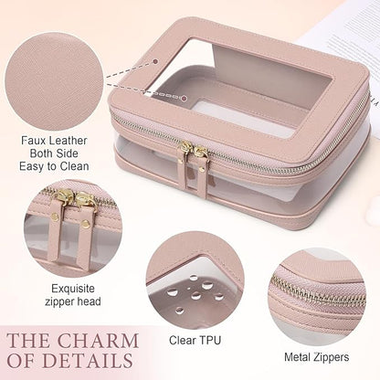 Clear Makeup Bag with Zipper Waterproof Travel Makeup Set for Cosmetics and Toiletries Women's Purse Organizer and Car Essentials (Pink, M+MINI)