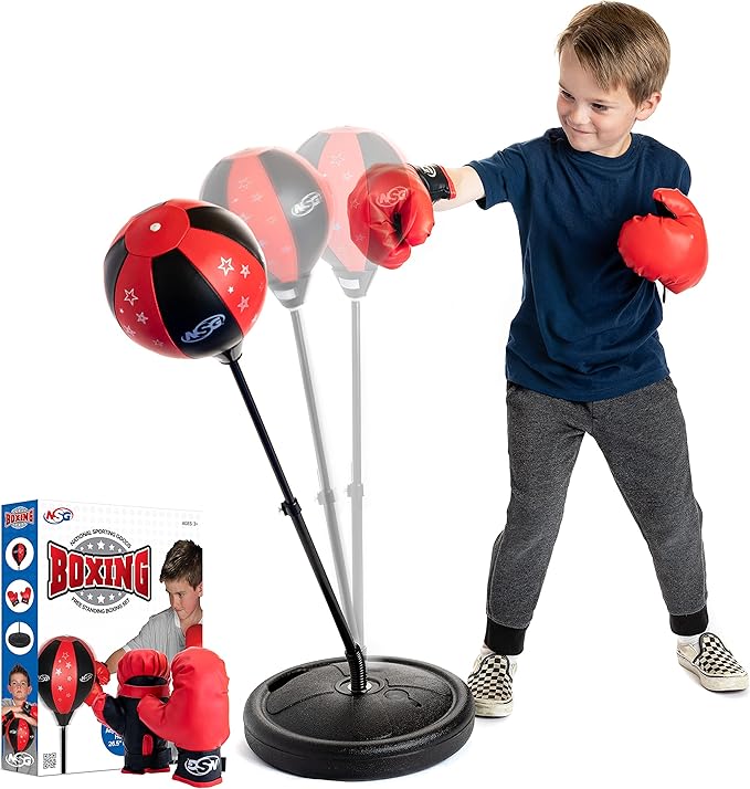 NSG Punching Bag for Kids & Boxing Gloves Set - Adjustable Freestanding Speed Bag with Spring-Loaded Stand, Junior Boxing Gloves & Hand Pump - Portable, Easy Assembly for Boys, Teens, Toddlers Ages 4+
