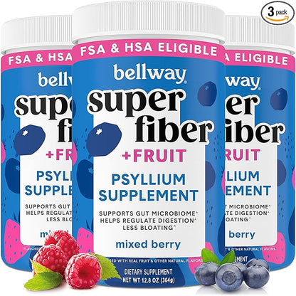 Bellway Super Fiber Powder + Fruit (3 Pack), Sugar Free Organic Psyllium Husk Powder Fiber Supplement for Regularity, Bloating Relief & Gut Health, Non-GMO, Plant-Based, Mixed Berry (150 Servings)