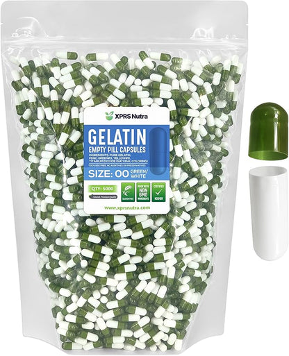 XPRS Nutra Size 00 Empty Capsules - 5000 Count Empty Gelatin Capsules - Empty Pill Capsules - DIY Capsule Filling - Fillable Pill Capsules Empty Gel Caps (Green/White)