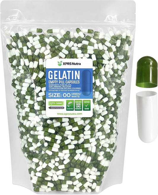 XPRS Nutra Size 00 Empty Capsules - 5000 Count Empty Gelatin Capsules - Empty Pill Capsules - DIY Capsule Filling - Fillable Pill Capsules Empty Gel Caps (Green/White)