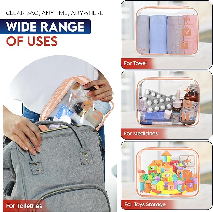 VYRL 3 Pack Clear Makeup Bag - Quart Size 3-1-1 TSA Approved Toiletry Bag with Zipper - Water-Resistant Durable PVC Clear Toiletry Bag for Carry-on Airport Travel Accessories - Rose Gold