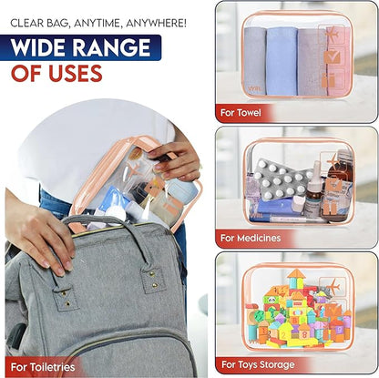 VYRL 3 Pack Clear Makeup Bag - Quart Size 3-1-1 TSA Approved Toiletry Bag with Zipper - Water-Resistant Durable PVC Clear Toiletry Bag for Carry-on Airport Travel Accessories - Rose Gold