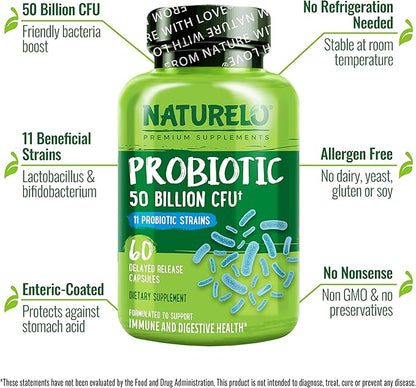 NATURELO Probiotics for Digestive Health - 50 Billion CFU, 11 Strains, Daily Use Supplement - Boosts Immune System, Delayed Release, No-Fridge, 60 Vegetarian Capsules (2 Pack)