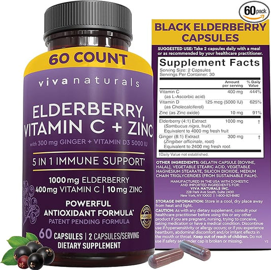 Viva Naturals Sambucus Elderberry with Zinc and Vitamin C for Adults, Vitamin D 5000 IU and Ginger - Immune Support Supplement, 60 Count - Black Dried Elderberry Capsules for Adults