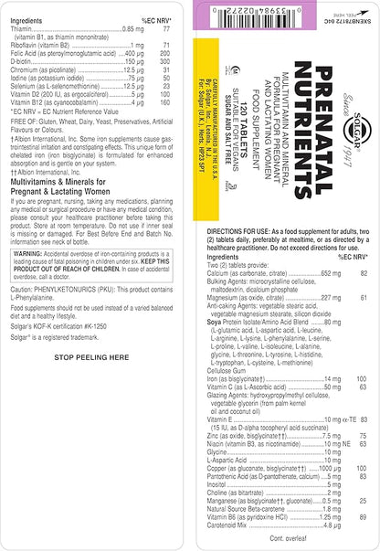 Solgar Prenatal Nutrients - 120 Tablets - Multivitamin & Mineral Formula for Pregnant & Lactating Women - Vegan, Kosher, Halal & Gluten Free - 30 Servings