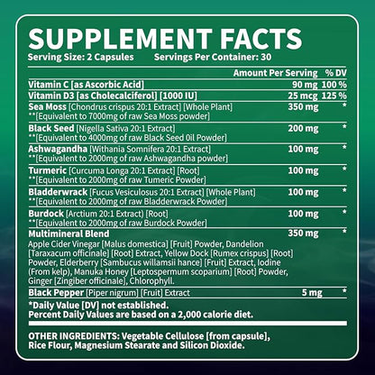 VEV Irish Sea Moss, Ashwagandha, Burdock, Black Seed Oil, Multi Minerals - 60Capsules