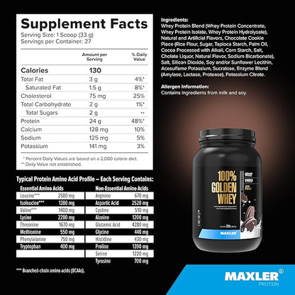 Maxler 100% Golden Whey Protein - 24g of Premium Whey Protein Powder per Serving - Pre, Post & Intra Workout - Fast-Absorbing Whey Hydrolysate, Isolate & Concentrate Blend - Cookies & Cream 2 lbs