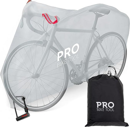 PRO BIKE TOOL Bicycle Cover Transparent PVC 0.15mm Thick, Reflective Safety Loops, Chain Hole Rings, Wheel Fit Rope, Adjustable Buckle Strap, Storage Bag, Large Size
