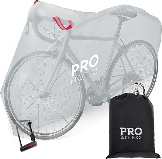 PRO BIKE TOOL Bicycle Cover Transparent PVC 0.15mm Thick, Reflective Safety Loops, Chain Hole Rings, Wheel Fit Rope, Adjustable Buckle Strap, Storage Bag, Large Size