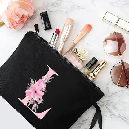 Vavabox A-Z Personalized Makeup Bag, Birthday Gifts for Women Mom, Gifts for Best Friend, Bride Bridesmaid Cosmetic bag (L, Black)