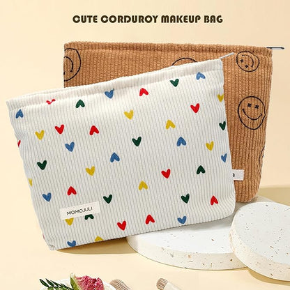 Corduroy Makeup Bag Cosmestic Bag Large Capacity Ladies Women Aesthetic Make Up Organizer Accessories Zipper Pouch Purse Beige Heart+Brown
