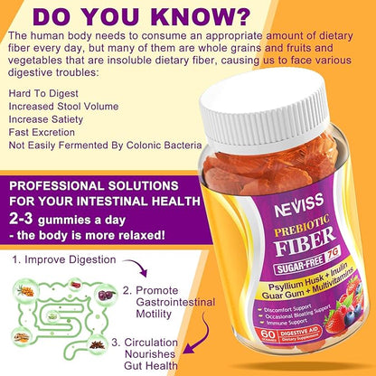 1Pack Prebiotic Fiber Gummies for Adults 7G with Psyllium Husk Fiber , Soluble Fiber + Insoluble Fiber, Inulin, Fos, Multivitamin, Fiber Supplement for Daily Digestive Health,Regularity Gut,Sugar Free