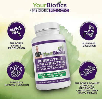 YourBiotics Prebiotics and Probiotics for Men & Women - Digestive Enzymes with Probiotics and Prebiotics Acid Resistant - Women & Mens Probiotics for Gut Health Immune Support & Digestion - 60 Count