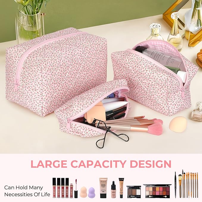 Quilted Makeup Bag Set,Large Floral Cosmetic Pouch For Women,Cute Cotton Brushes Storage Travel Toiletry Organizer Bags(Pink Floral)