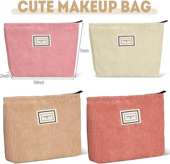 Sanwuta 4 Pack Velvet Makeup Bag Cosmetic Bag for Women Large Capacity Corduroy Pouch Zipper Canvas Travel Toiletry Purse Make up Organizer Case Accessories(Elegant Color,Plaid)