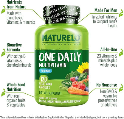 NATURELO One Daily Multivitamin for Men - with Vitamins & Minerals + Organic Whole Foods - Supplement to Boost Energy, General Health - Non-GMO - 180 Capsules