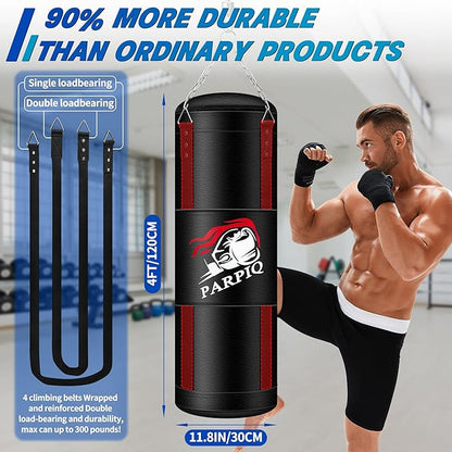 Heavy Punching Bag for Adults, 4FT New Upgrade PU Boxing Bag Set, Punch Bag with 12oz Boxing Gloves for MMA Karate Kickboxing Muay Thai Training Kickboxing Boxing -Unfilled