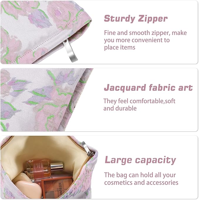 Flower Makeup Bag Travel Large Cosmetic Bag for Women Cute Rose Makeup Pouch Zipper Cosmetic Pouch for Purse Aesthetic Pink Floral Make up Organizer Bag Portable Toiletry Bag