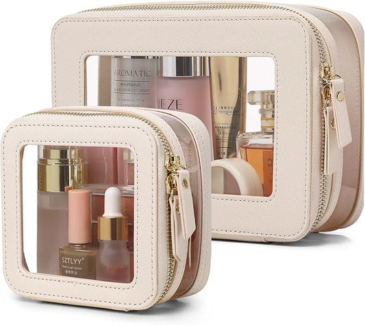 Clear Makeup Bag with Zipper Waterproof Travel Makeup Set for Cosmetics and Toiletries Women's Purse Organizer and Car Essentials (Beige, M+MINI)