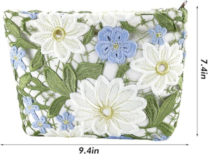 Flower Makeup Bags Travel Large Floral Cosmetic Bag for Women Cute Makeup Pouch Zippered Portable Toiletry Bag Lace Trendy Aesthetic Make up Organizer Bag Cosmetic Pouch for Purse