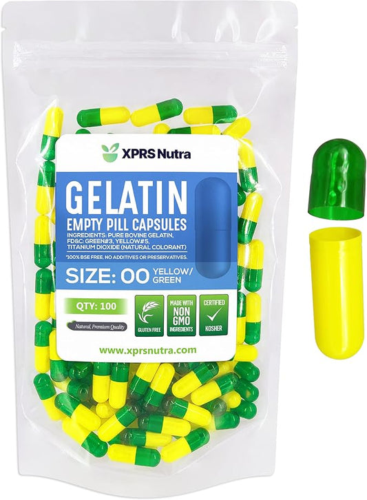 XPRS Nutra Size 00 Empty Capsules - 100 Count Empty Gelatin Capsules - Empty Pill Capsules - DIY Capsule Filling - Fillable Pill Capsules Empty Gel Caps (Green/Yellow)