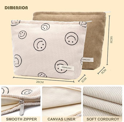 Corduroy Makeup Bag Cosmestic Bag Large Capacity Ladies Women Aesthetic Make Up Organizer Accessories Zipper Pouch Purse （Beige+Light Khaki）
