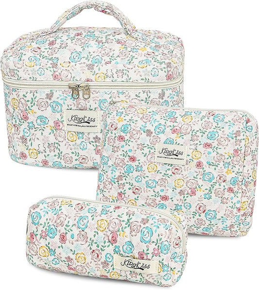 kingkiss Makeup Bag, Quilted Cosmetic Bag, Large Capacity Make Up Bag for Women, Cute Floral Storage Toiletry Bag Travel Storage Makeup Bag(Blue#2)