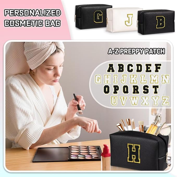 TOPEAST Initial Makeup Bags for Women, Cute Makeup Pouch, Waterproof Travel Toiletry Bag, Personalized Gifts for Girlfriend Wife on Valentine's Day Anniversary, Preppy Stuff Gift for Girl (Black W)