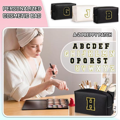 TOPEAST Initial Makeup Bags for Women, Cute Makeup Pouch, Waterproof Travel Toiletry Bag, Personalized Gifts for Girlfriend Wife on Valentine's Day Anniversary, Preppy Stuff Gift for Girl (Black W)