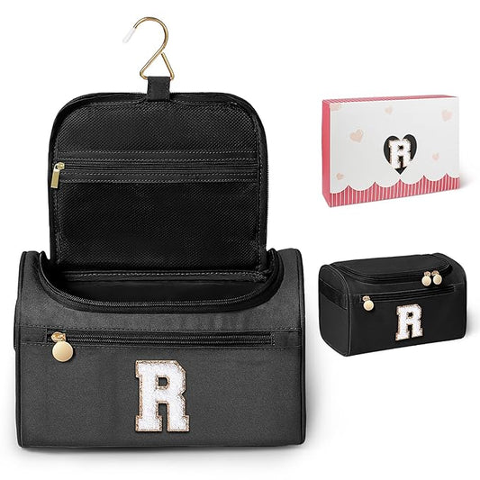 COSHAYSOO Thoughtful New Mom Gifts for Women First Time Mothers Day Present Self Care Spa Gifts Travel Toiletry Weekender Bag, Initial Traveling Toiletries Skin Care Items Organizer Black Letter R