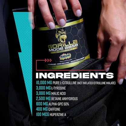 Gorilla Mode Base Pre Workout - Raises Nitric Oxide · Intense Focus & Drive · Endurance · Power - L-Citrulline, L-Tyrosine, Betaine, Alpha-GPC, Caffeine, Huperzine A - 360 Grams (White Gummy Bear)